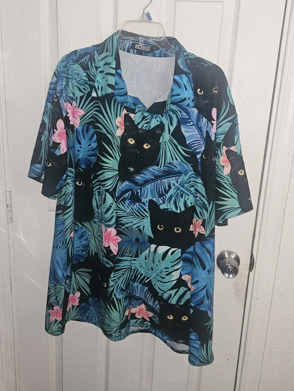 GLANDA Mens Black Cat Hawaiian Short Sleeve Shirt Size 2XL Button Up